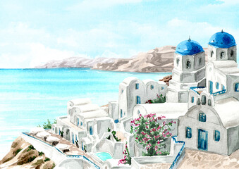 Santorini island, Mediterranean, Greece. View of Oia town and aegean sea. Hand-drawn watercolor illustration