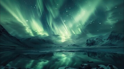 Obraz premium A dark landscape with powerful green auroras in the sky.