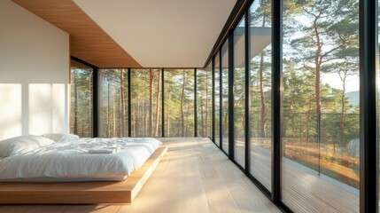 Obraz premium Minimalist interior design with large windows, white walls, and a wooden floor. A neatly made bed on the left and an expansive view of nature.
