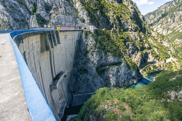 Mratinje hydroelectric power dam in the narrow gorge of Piva river in Montenegro or Crna Gora. Wide...