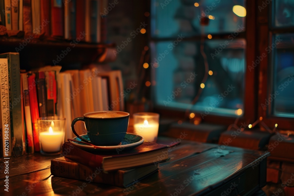 Aufkleber a warm cup of coffee sits atop books beside softly glowing candles, creating an inviting atmosphere 