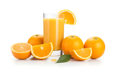 Naklejka premium A glass of freshly squeezed orange juice, surrounded by oranges, reflects the bright colors of health and freshness.