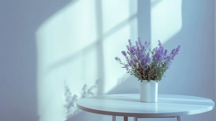 Minimalist shot of a white table holding a bunch of purple flowers in soft lighting