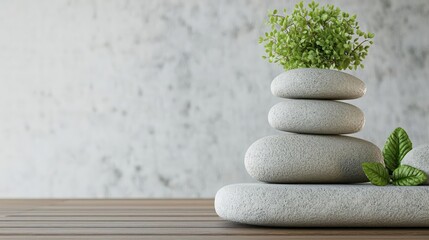 A serene arrangement of stacked stones with greenery on a wooden surface, set against a textured backdrop.