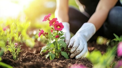 Gardening Hands Planting Colorful Flowers in Soil