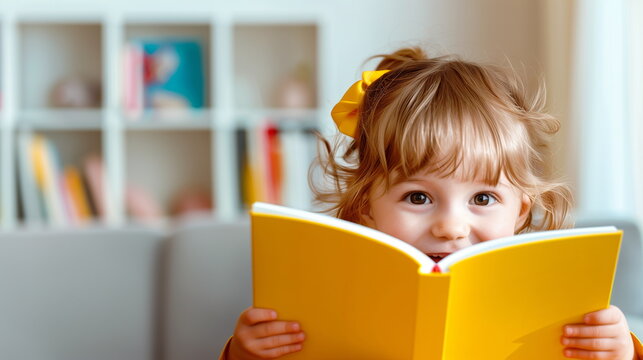 Close-up of the face of a cute girl who appears to be about 4 years old, sitting on the living room sofa, holding an open book and smiling brightly.