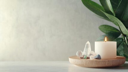 Calm ambiance with candle, crystals, and green leaves on a serene surface. Perfect for relaxation themes.