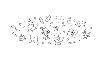 Christmas doodle icons background. Clipart set vector elements for design. Concept of Christmas, New Year and holiday.
