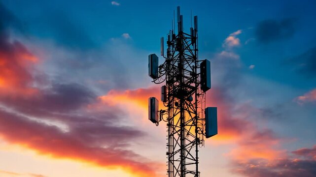 Telecommunication Tower with Antennas at Sunset: A Timelapse View of Wireless Communication Technology