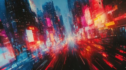 Fototapeta premium Panoramic cityscape, vibrant street art blending with futuristic drone technology, colors exploding
