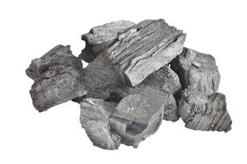 A pile of grill charcoal lies on a PNG background.