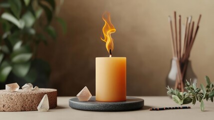 A glowing candle with flame on a stone base, surrounded by natural elements for a cozy atmosphere.