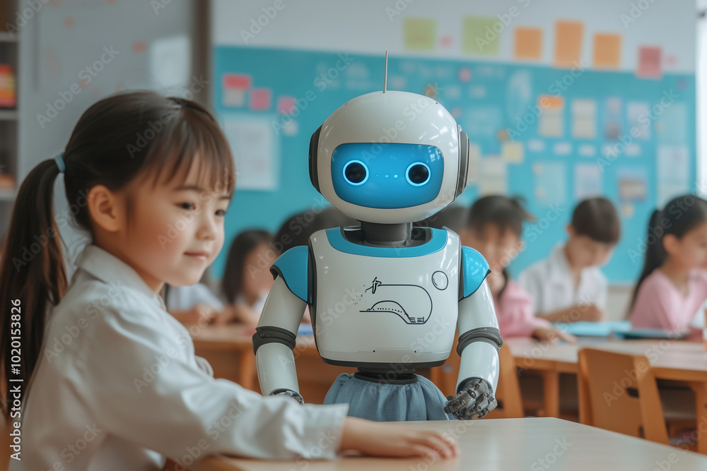 Poster robot is sitting on a desk in front of a girl and a boy. the robot is smiling and the children are s