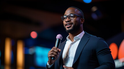 Portrait of African American male businessman holding microphone and giving lecture, presentation or speech. Dark conference room stage background with screen lights.