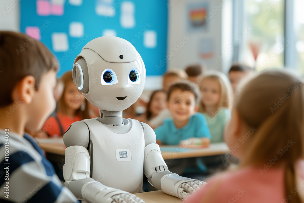 Poster robot is sitting on a desk in front of a girl and a boy. the robot is smiling and the children are s