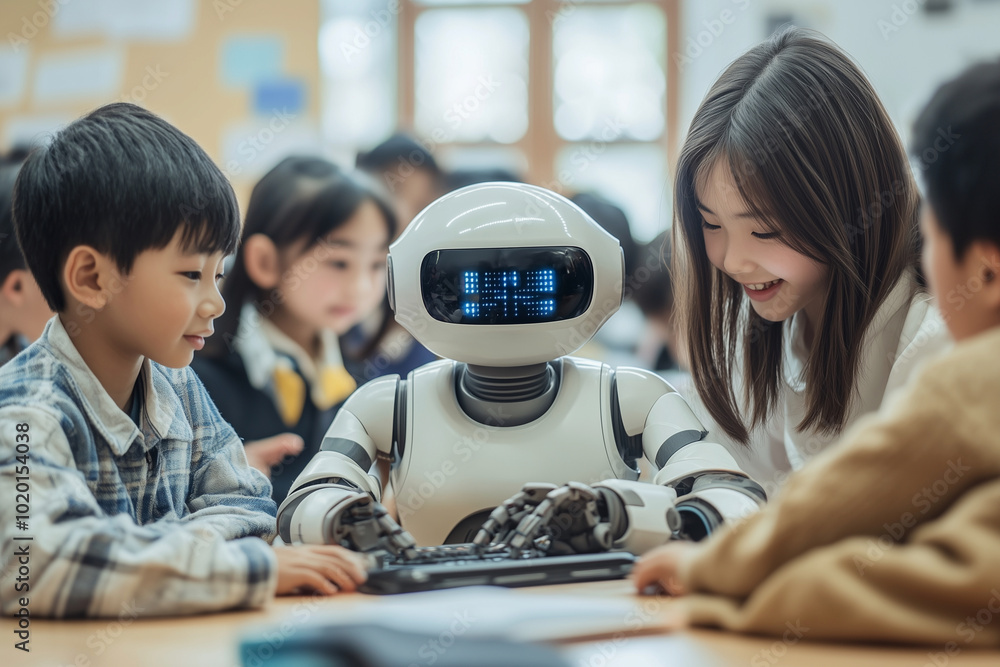 Poster robot is standing in front of a group of children in a classroom. the robot is white and has a blue 
