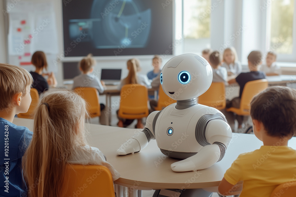 Poster robot is sitting on a desk in front of a girl and a boy. the robot is smiling and the children are s