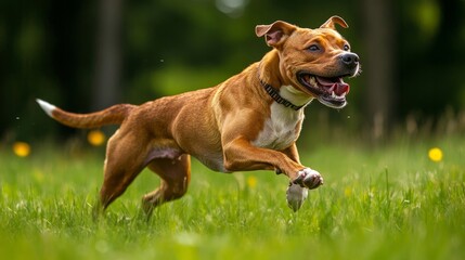A dog joyfully bounding across the grass on a summer afternoon, tail wagging and full of energy.