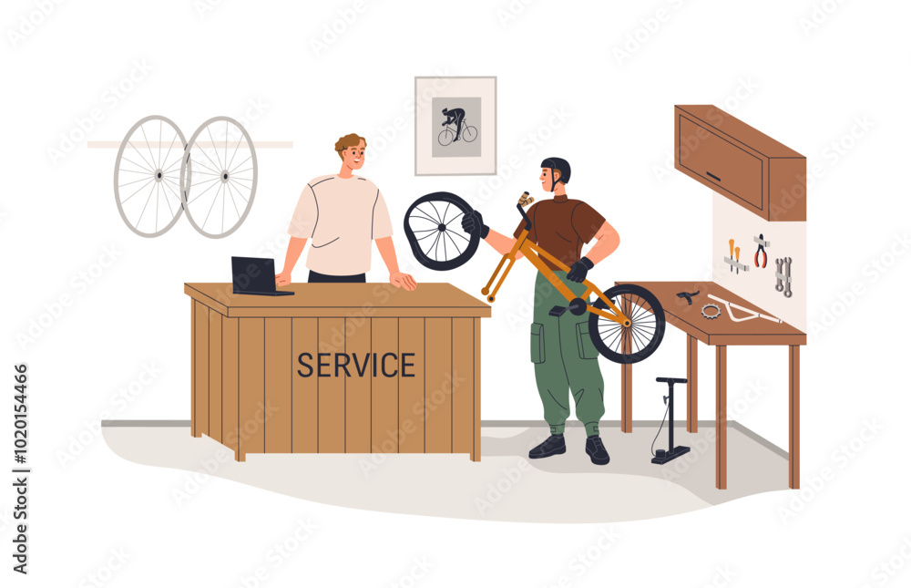 Poster bicycle repair service. cyclist customer and cycle workshop administrator at counter desk. biker cli