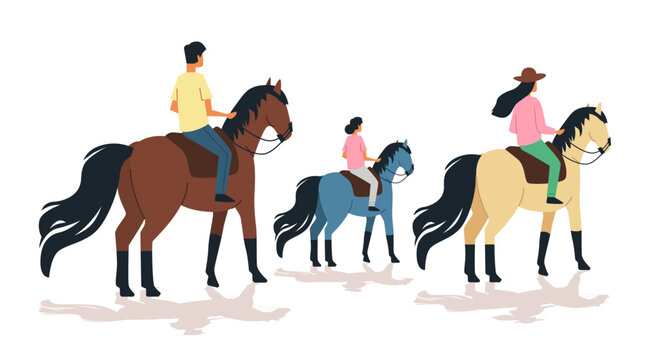 People horseback riding outdoor activity various horse colors family leisure reflection white background