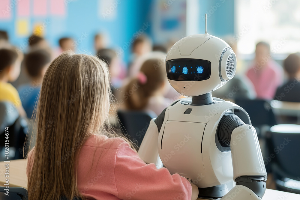 Poster robot is standing in front of a group of children. the robot is white and blue