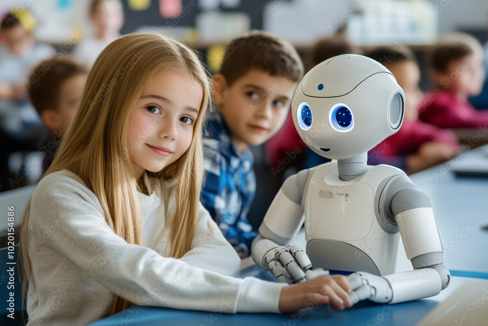 Poster robot is sitting on a desk in front of a girl and a boy. the robot is smiling and the children are s