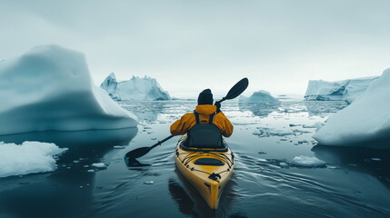 A one man's back view rowing across the calm seas of Antarctica, filled with glaciers. A person kayaking between glaciers, a kayaker.