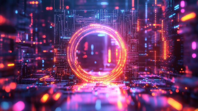 A glowing orange and blue ring portal in a digital space