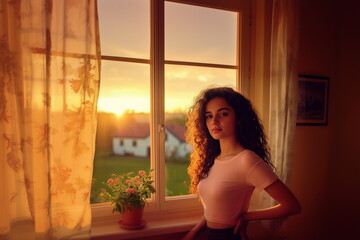 A one woman standing by a sunny window with curtains and a flower pot.