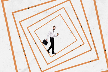 Creative image collage young handsome man walk entrepreneur office worker diplomat suitcase...