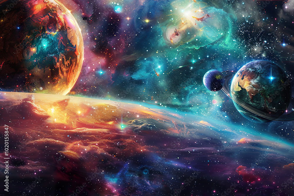 Wall mural a colorful space scene with a planet in the middle.,