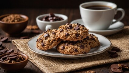 Plate of freshly baked chocolate chip cookies with coffee on a rustic table
