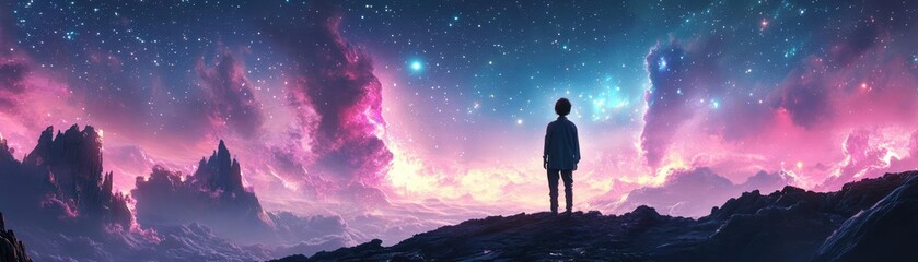 Fototapeta premium Rear view of a scientist gazing at a fantasy landscape, surreal lighting spills across vibrant worlds, endless possibilities await