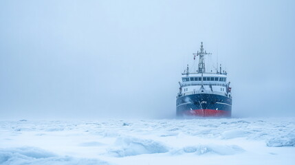 A one ship sailing on the frigid sea in thick fog and a blizzard. An icebreaker trapped in the sea of ​​ice. Arctic, Antarctic scenes.
