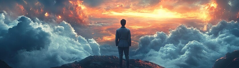 Obraz premium Rear view of a scientist gazing at a fantasy landscape, surreal lighting spills across vibrant worlds, endless possibilities await