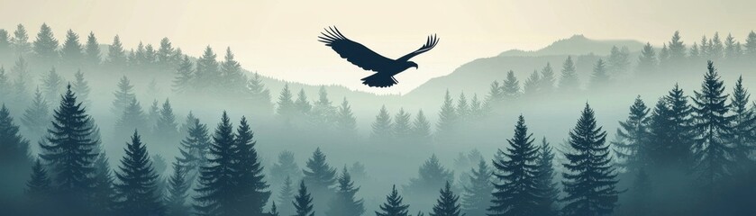Obraz premium A majestic eagle soars over a misty forest landscape, capturing the essence of nature's tranquility and freedom.