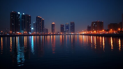 Fototapeta premium A cityscape at night with tall buildings reflected in the water.