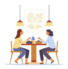 Two women eating together dining table modern interior plants hanging lights