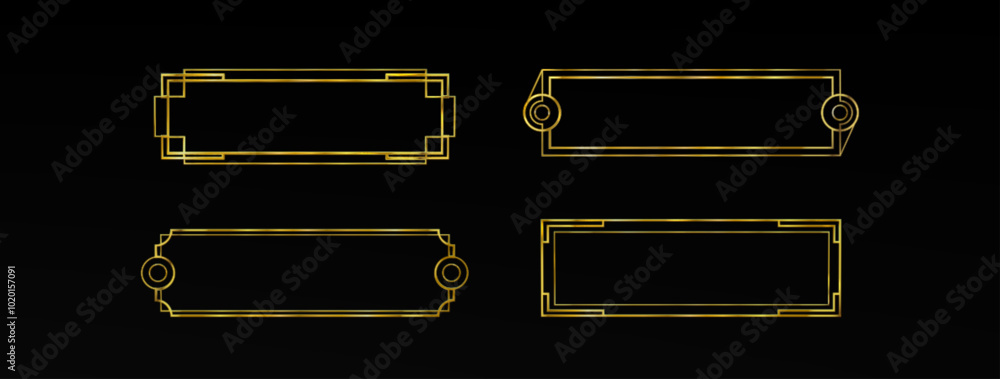 Fototapete game ui long button with thin gold frame. rectangular medieval border with golden metal ornament for