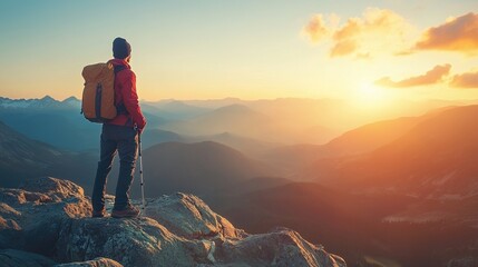 Adventurer Watching Sunset Over Mountain Landscape