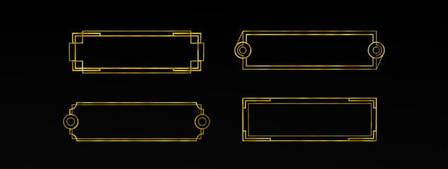 Game ui long button with thin gold frame. Rectangular medieval border with golden metal ornament for title and menu design. 3d vector set of luxury vintage text sign board with art deco elements.