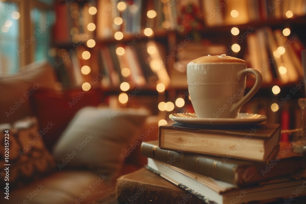 Poster a cup of coffee rests on stacked books, surrounded by warm lights, creating an inviting atmosphere p