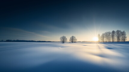 At dawn, the sun rising over a vast field covered in white snow under a dark sky, with a few trees. A quiet and peaceful winter scene.