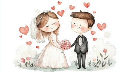 A charming illustration of a happy couple in love, surrounded by hearts, perfect for wedding and romance themes.