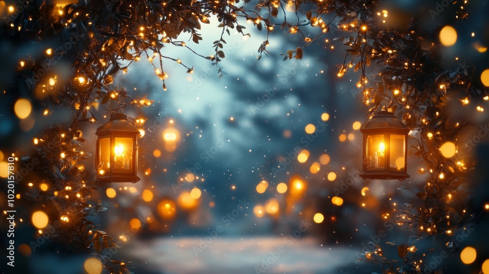 Poster two lanterns hanging on a branch with string lights and bokeh