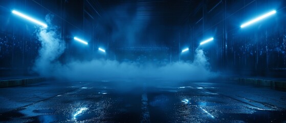 Fototapeta premium A dark vacant street under deep blue light, with neon reflections and smoke enhancing the mysterious