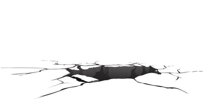 Crack on wall. Brocken concrete floor with hole. 3d texture of split surface. Isolated realistic fracture and destruction perspective view. Drought cement or ground with line. Hit impact illustration