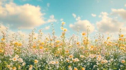 Obraz premium White and Yellow Wildflowers in a Field with a Blue Sky and Clouds