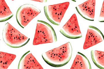 A vibrant pattern of fresh watermelon slices, showcasing bright red flesh and green rind, perfect for summer-themed designs.