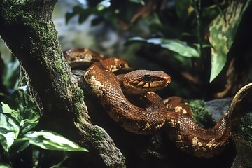 Naklejka premium A brown snake resting on a branch surrounded by lush green foliage.